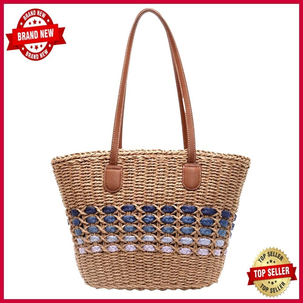 Large Straw Tote Bag with Zipper Closure for Beach Travel Shoulder Hobo